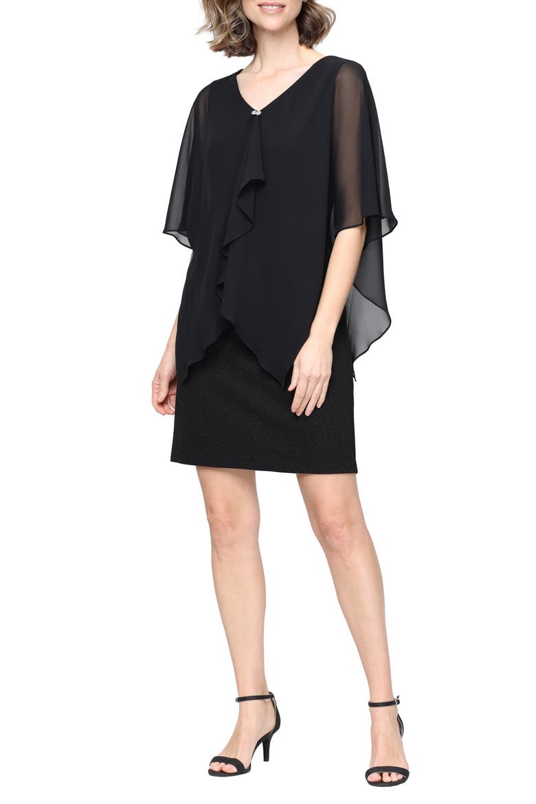 Glitter Chiffon & Knit Sheath Dress, Main, color, BLACK