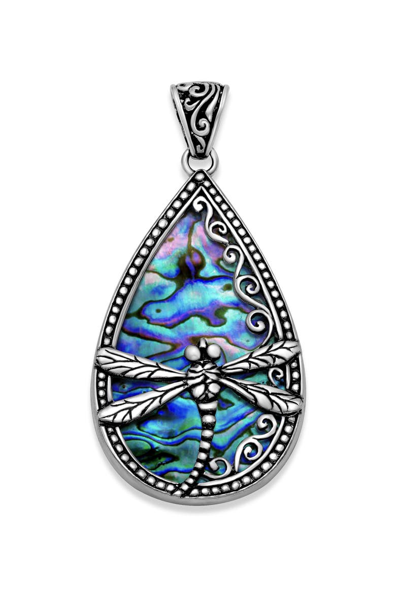 Sterling Silver Abalone Dragonfly Teardrop Pendant, Main, color, BLUE/ GREEN