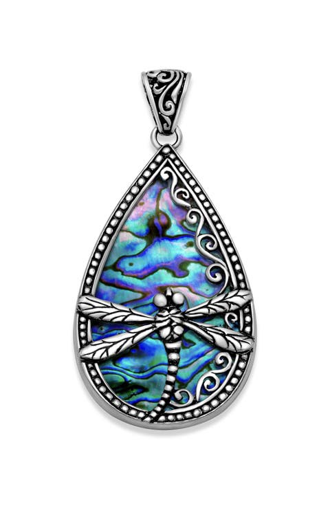 Sterling Silver Abalone Dragonfly Teardrop Pendant
