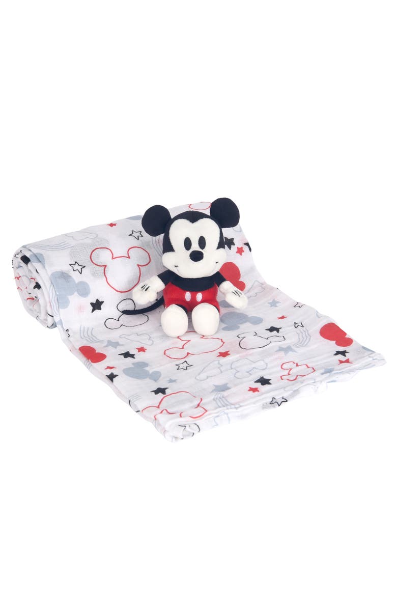 Lambs & Ivy Disney Baby Mickey Mouse Muslin Swaddle Blanket & Plush Gift Set, Main, color, White