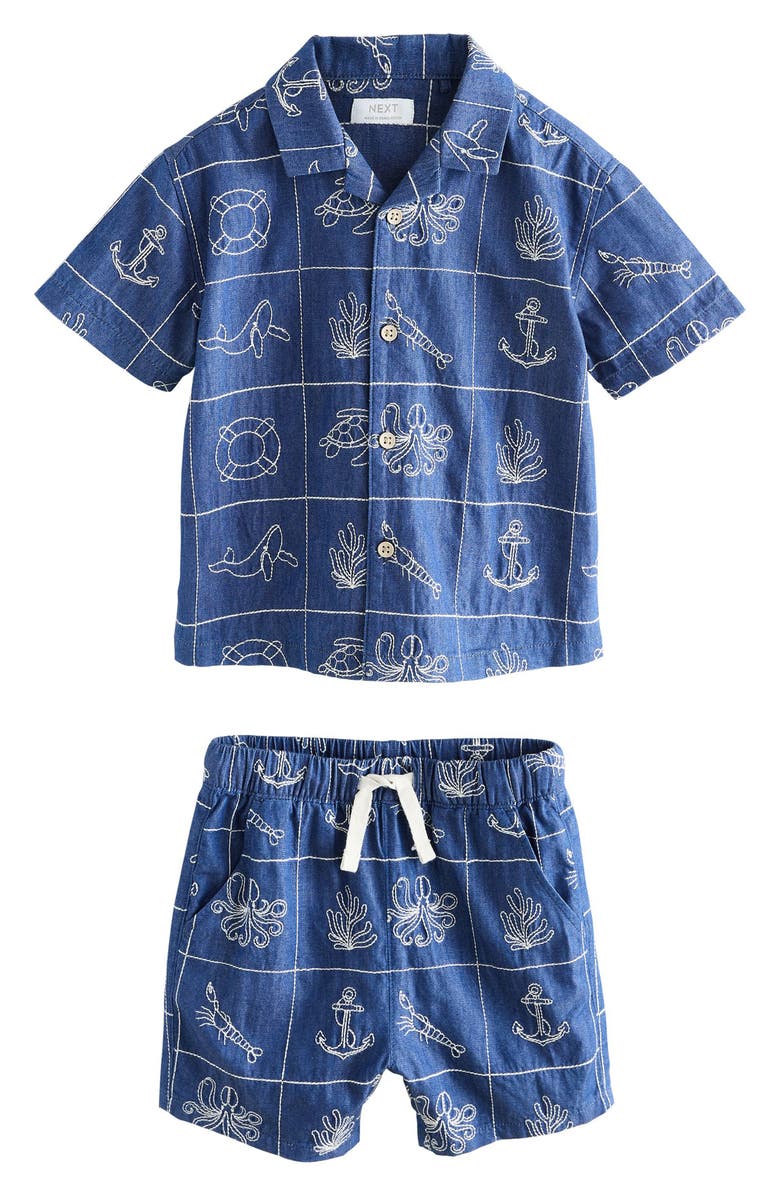 NEXT Kids' Stitch Button-Up Shirt & Shorts Set, Main, color, Blue