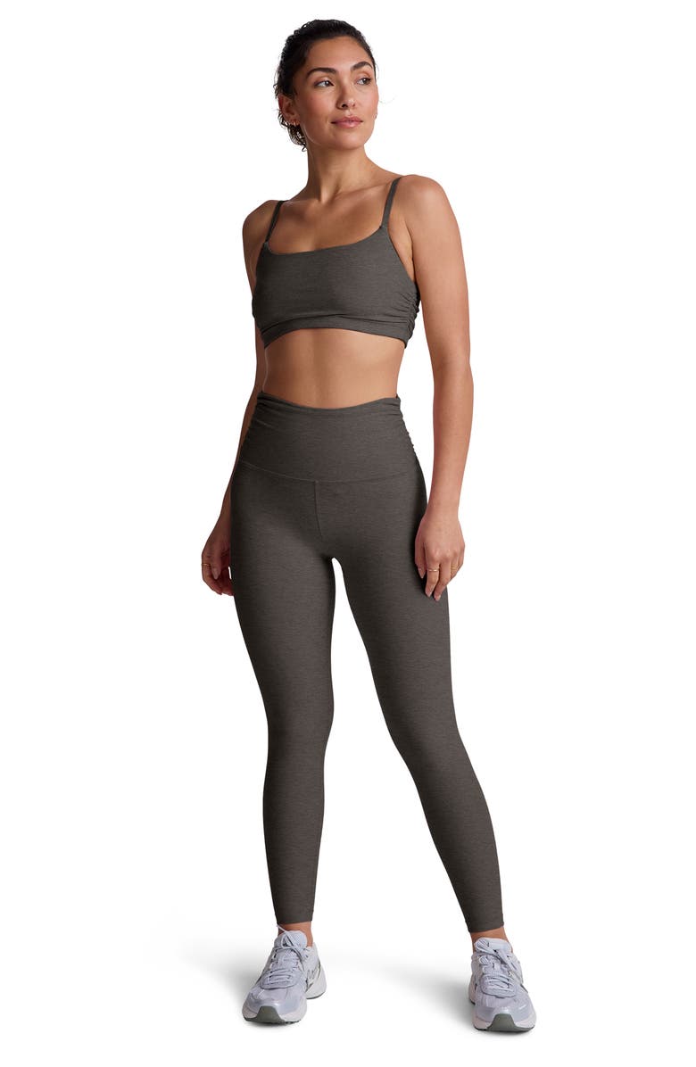 Beyond Yoga Space Dye Raise the Barre Shirred Sports Bra, Alternate, color, True Gray Heather