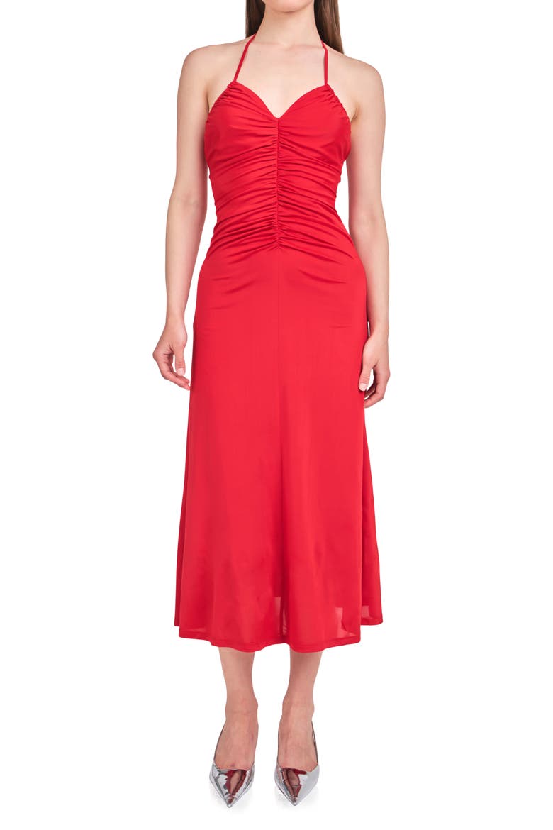 Ruched Halter Midi Dress, Alternate, color, ROUGE