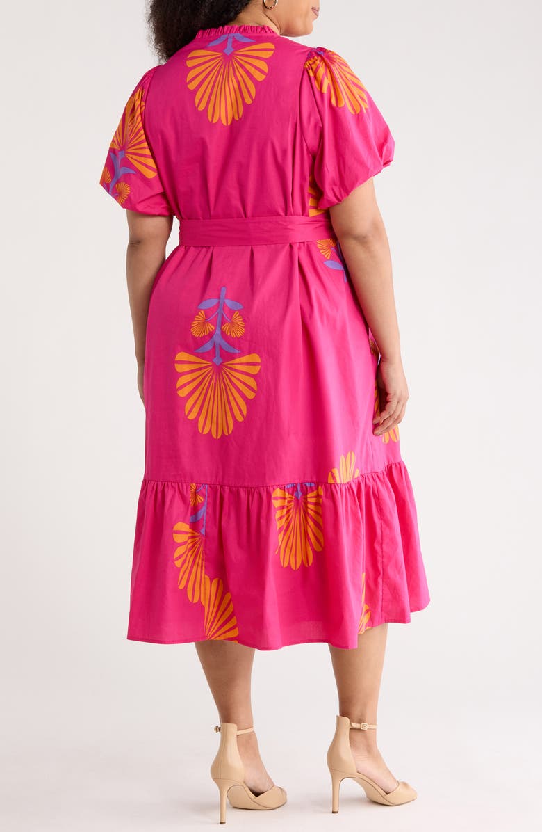 SUGARLIPS Melian Puff Sleeve Tie Belt Cotton Midi Dress, Alternate, color, Fuchsia-Orange