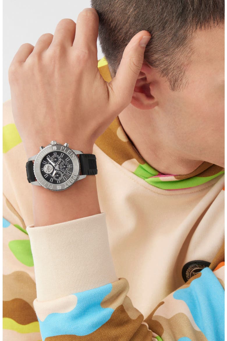 Glam Chrono Silicone Strap Watch, 44mm, Alternate, color, STAINLESS STEEL