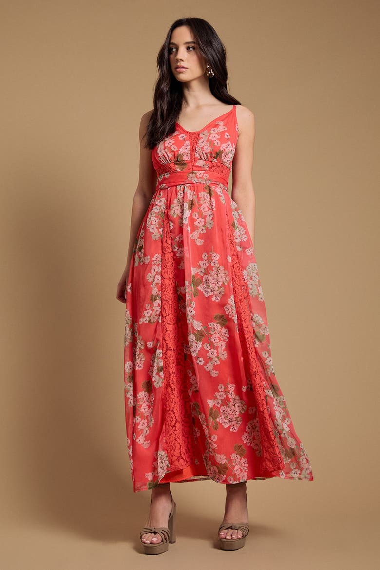 Lace Panelled Waist Pleated Maxi Dress, Alternate, color, Orange