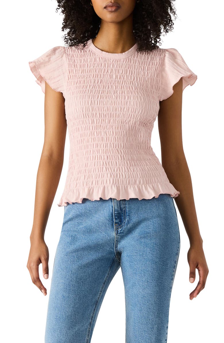 Steve Madden Cecilie Smocked Ruffle Cotton Sleeve Top, Main, color, Rose Frost