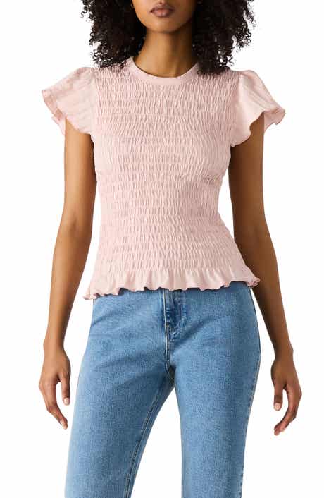 Steve Madden Cecilie Smocked Ruffle Cotton Sleeve Top