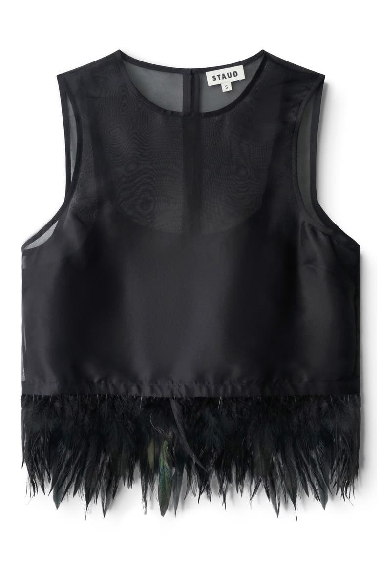 Avi Sleeveless Feather Trim Silk Top, Alternate, color, BLACK