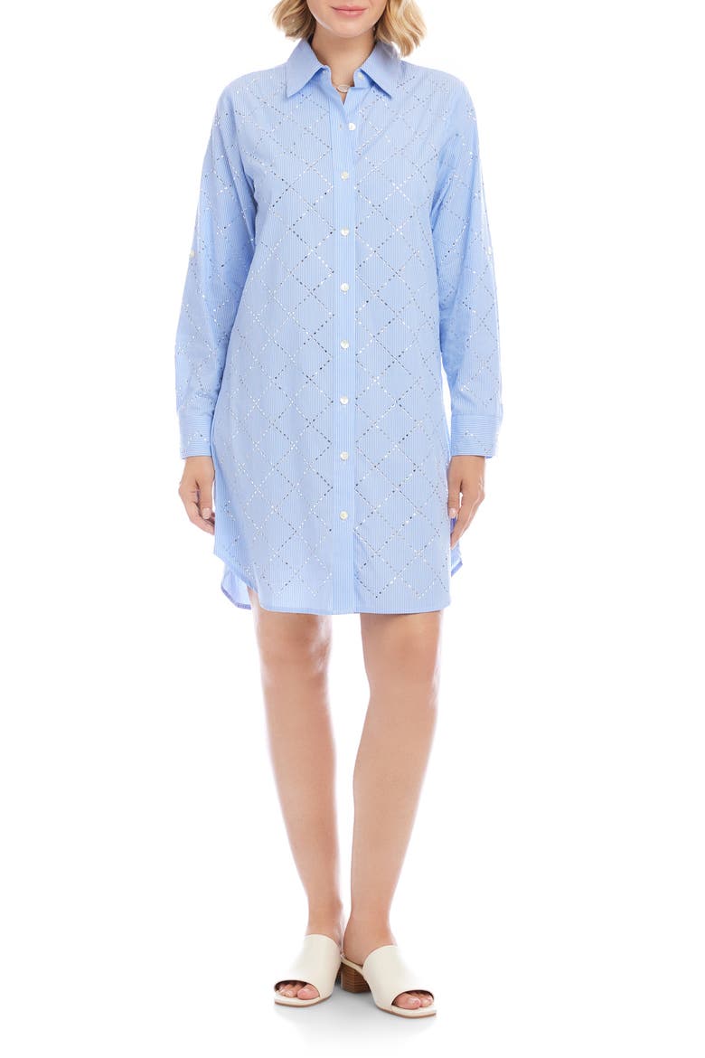 Embellished Long Sleeve Cotton Shirtdress, Main, color, BLUE