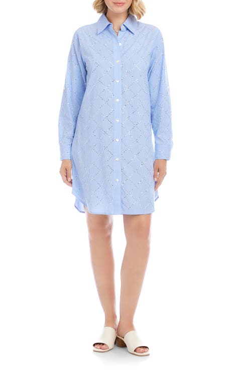 Embellished Long Sleeve Cotton Shirtdress