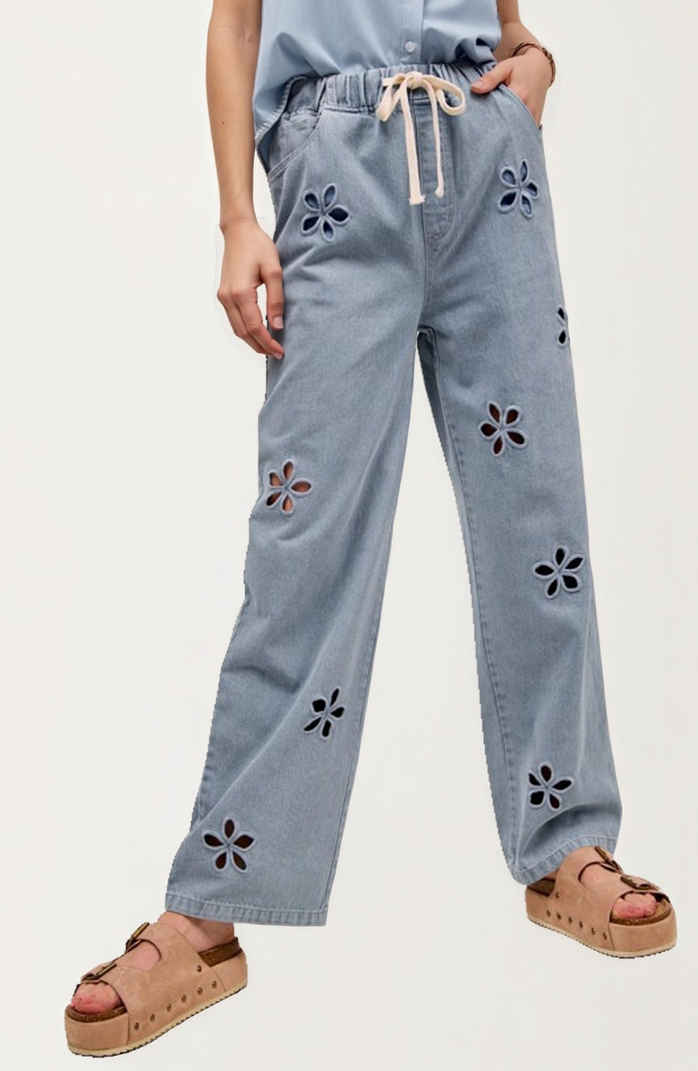 Knit and Lounge Relaxed Wide Leg Cutout Flower Denim Pants, Alternate, color, 