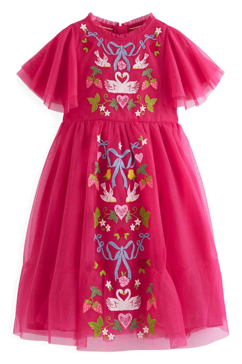 Kids' Embroidered Tulle Dress, Main, color, CHERRY JAM LOVEBIRDS