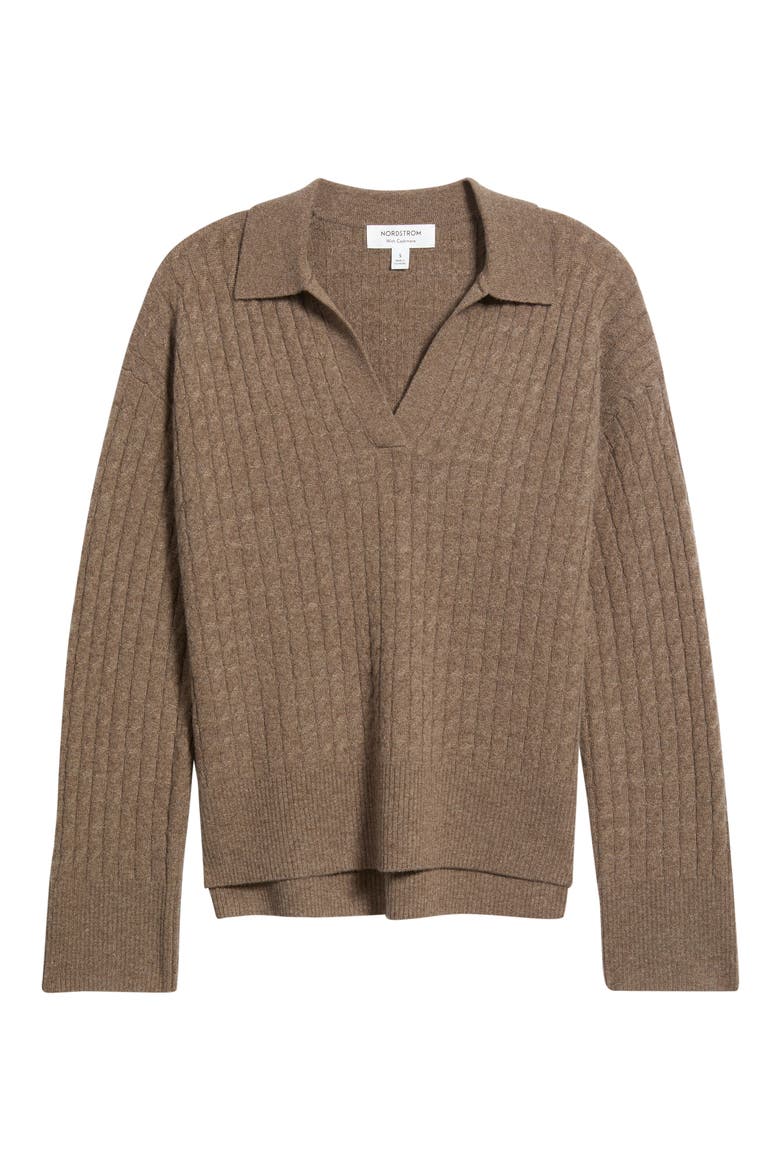 Wool & Cashmere Cable Polo Sweater, Main, color, BROWN MEDIUM HEATHER
