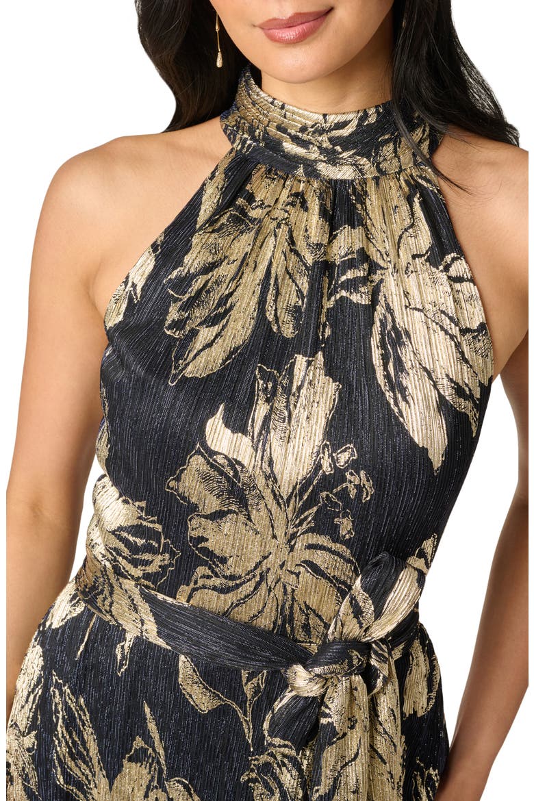 Floral Metallic Plissé Gown, Alternate, color, NAVY/ GOLD