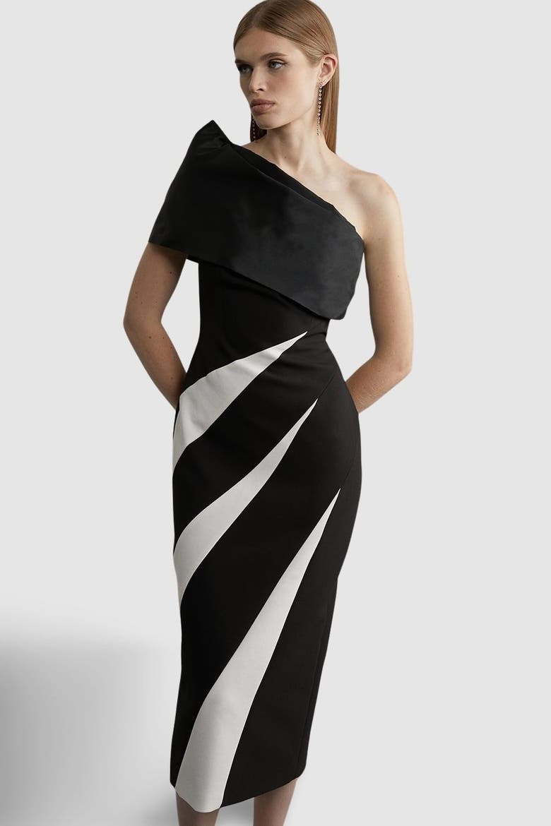 Petite One Shoulder Panel Midi Dress, Alternate, color, Mono