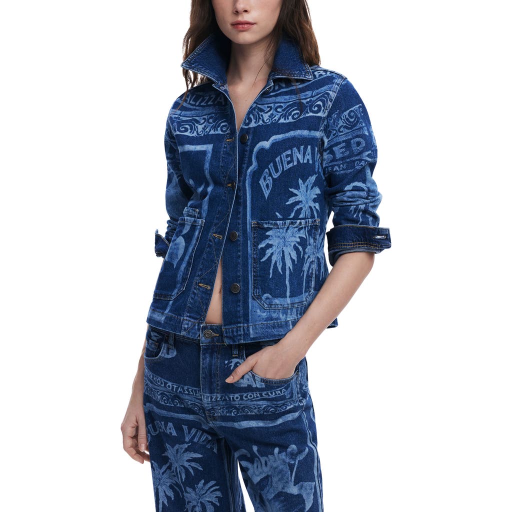Desigual Palm Tree Denim Jacket In Blue