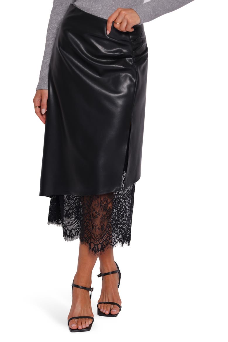 Freida Faux Leather Lace Trim Midi Skirt, Main, color, BLACK