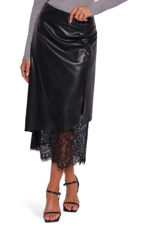 Freida Faux Leather Lace Trim Midi Skirt