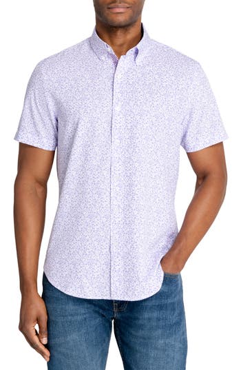 Construct Floral Slim Fit 4-way Stretch Short Sleeve Button-up Shirt In Purple
