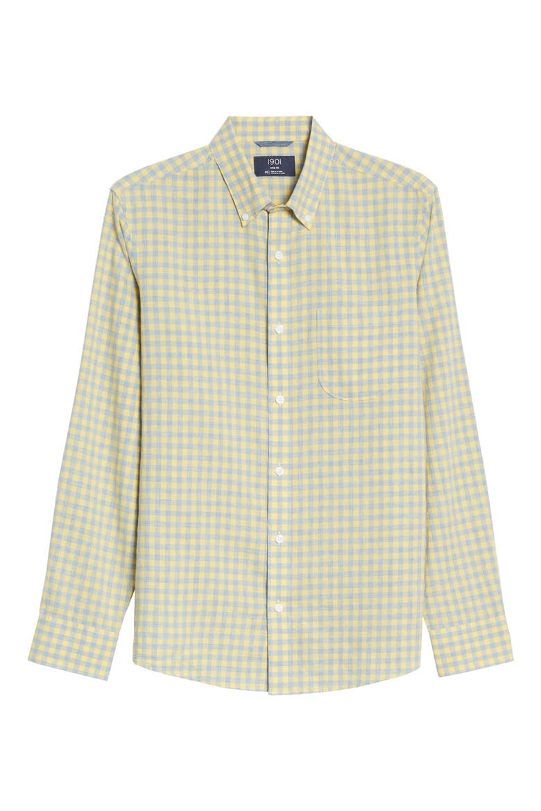 1901 Heather Gingham Linen Blend Slim Fit Sport Shirt, Main, color, YELLOW SILK BLUE GINGHAM