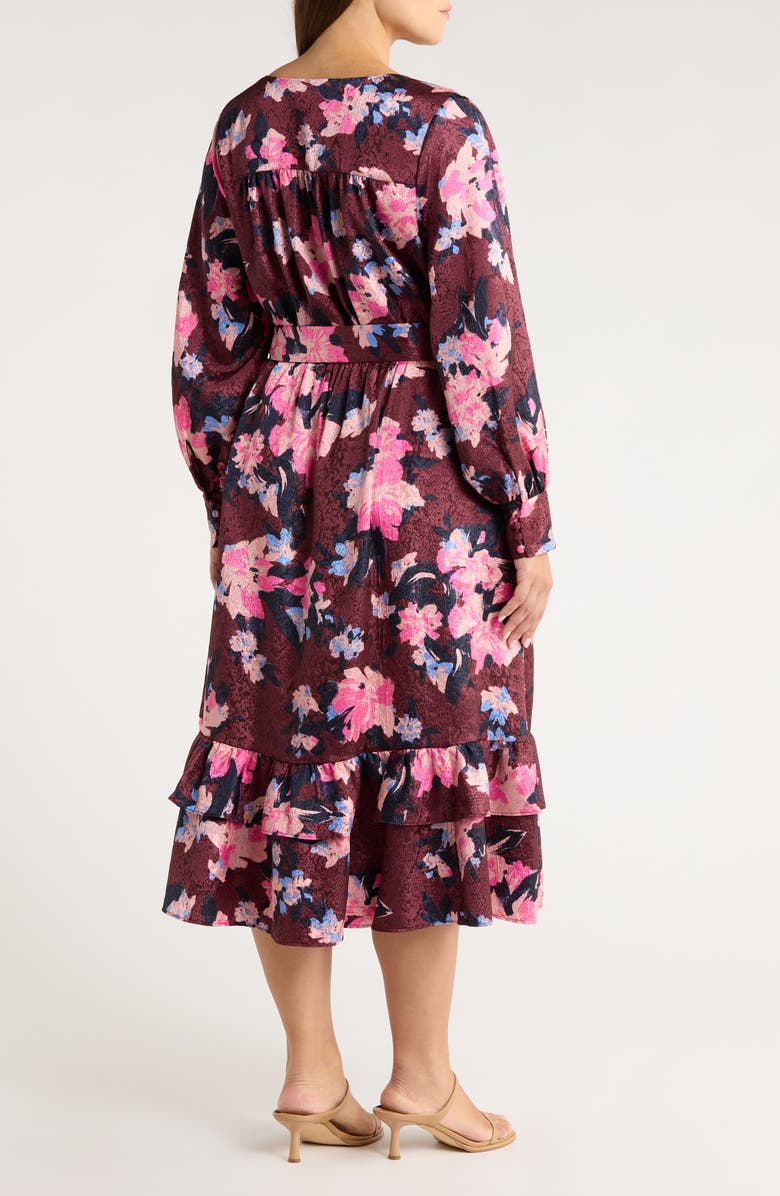 Caslon<sup>®</sup> Belted Long Sleeve Satin Midi Dress, Alternate, color, Burgundy- Blue Georgia Blooms