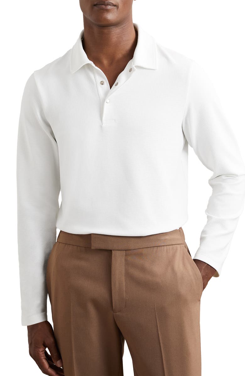 Reiss Tivolli Long Sleeve Waffle Polo, Alternate, color, White