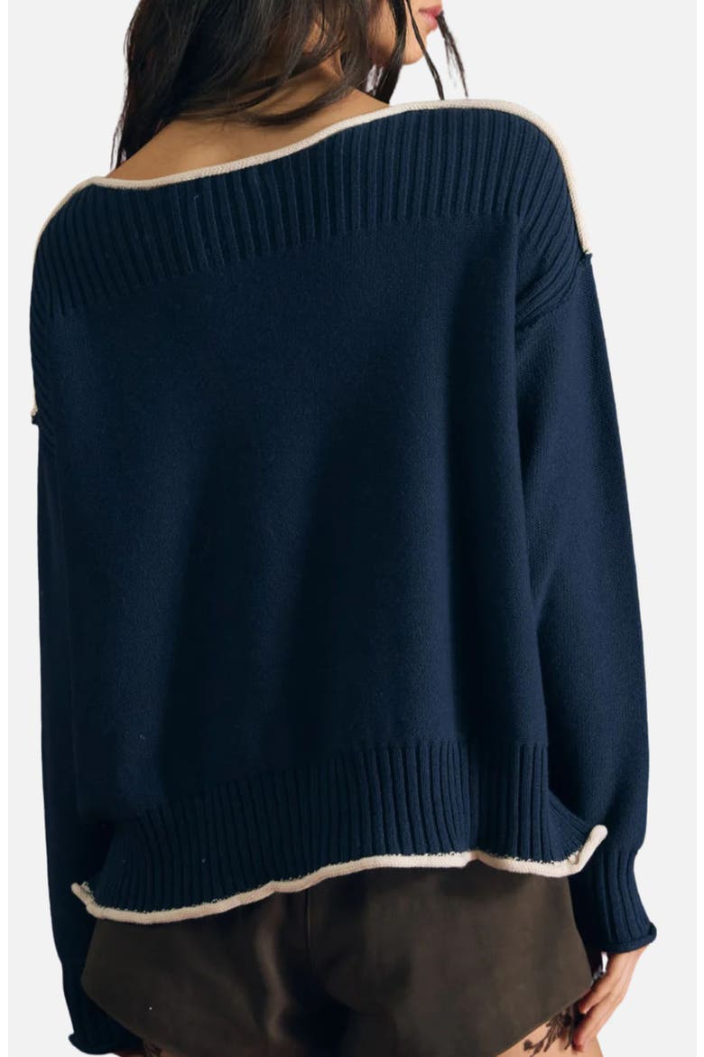 Contrast Trim Cotton Sweater, Alternate, color, NAVY