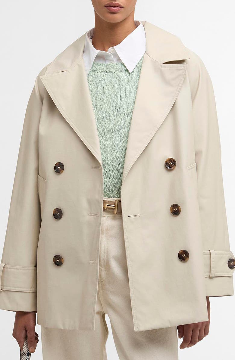 Barbour Maisy Showerproof Double Breasted Jacket, Main, color, Mist / Dress Navy Tartan