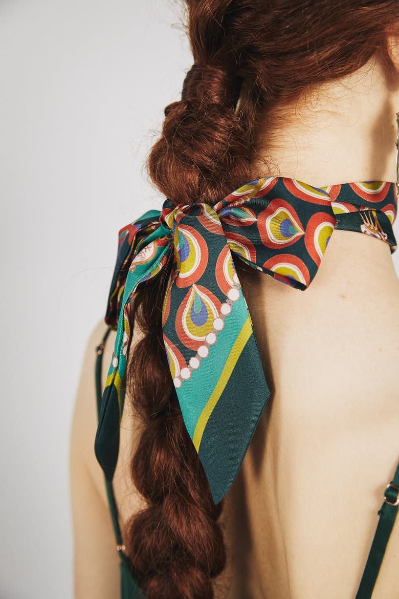 "Peacock" Silk Twill Skinny Scarf, Alternate, color, Teal Green