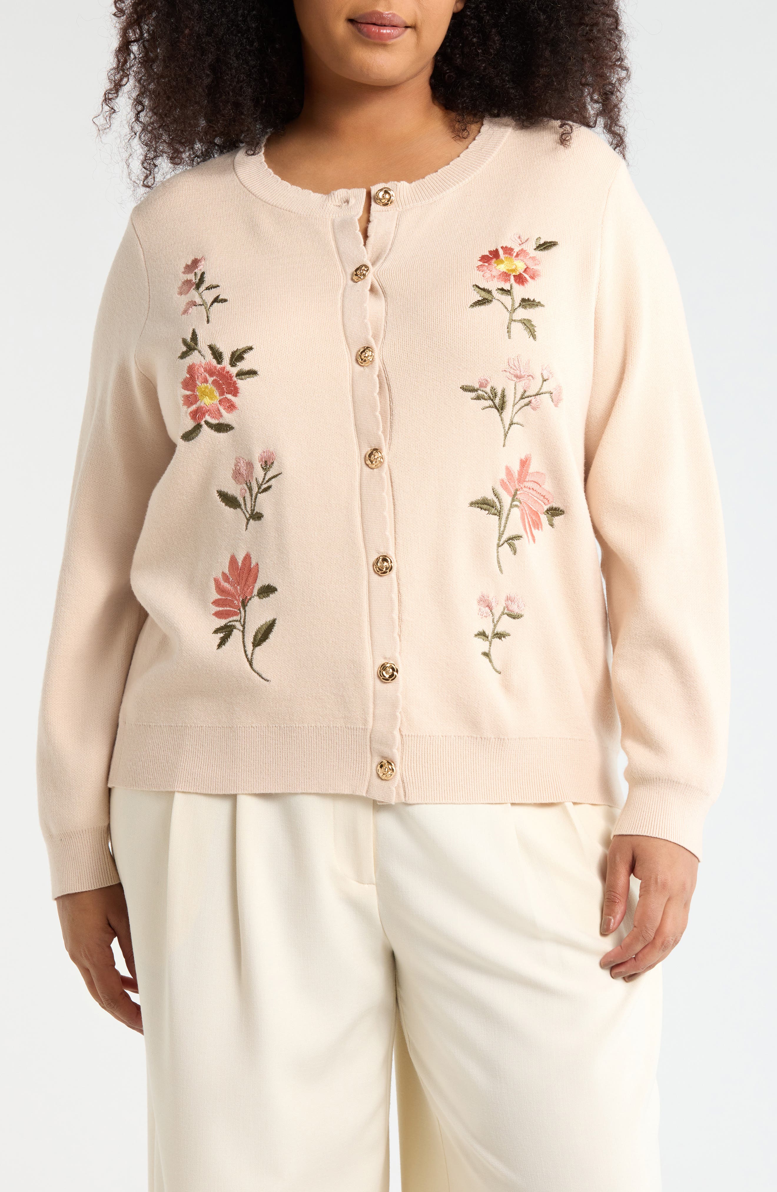 T Tahari Floral Embroidered Button Front Cardigan