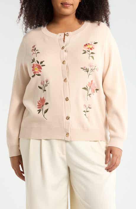 T Tahari Floral Embroidered Button Front Cardigan