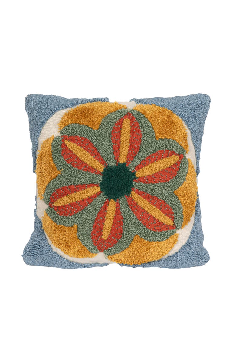 Storied Home Indoor/Outdoor Fabric Tufted Pillow with Flower, Multicolor, Main, color, Blue