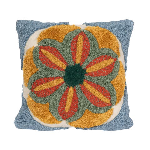 Indoor/Outdoor Fabric Tufted Pillow with Flower, Multicolor
