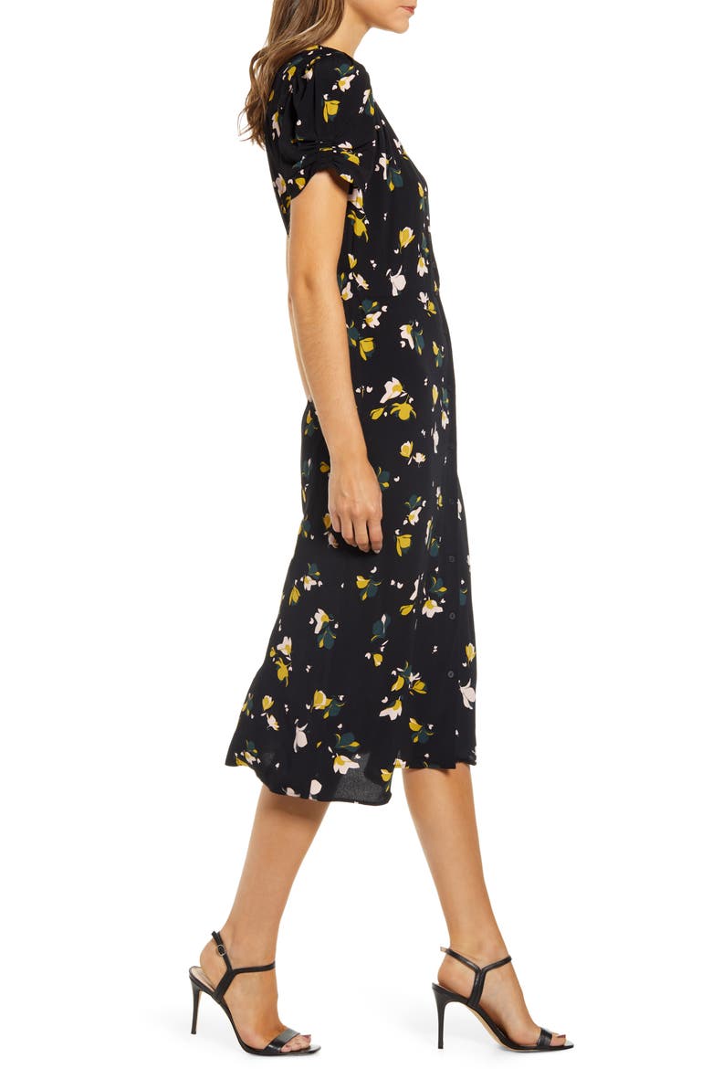 Floral Ruched Sleeve Dress, Alternate, color, BLACK- OLIVE MINI PRINT MIX