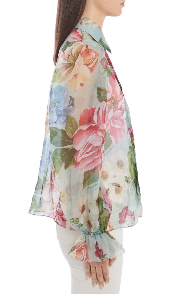 Floral Print Balloon Sleeve Silk Organza Blouse, Alternate, color, BLUE FLORAL
