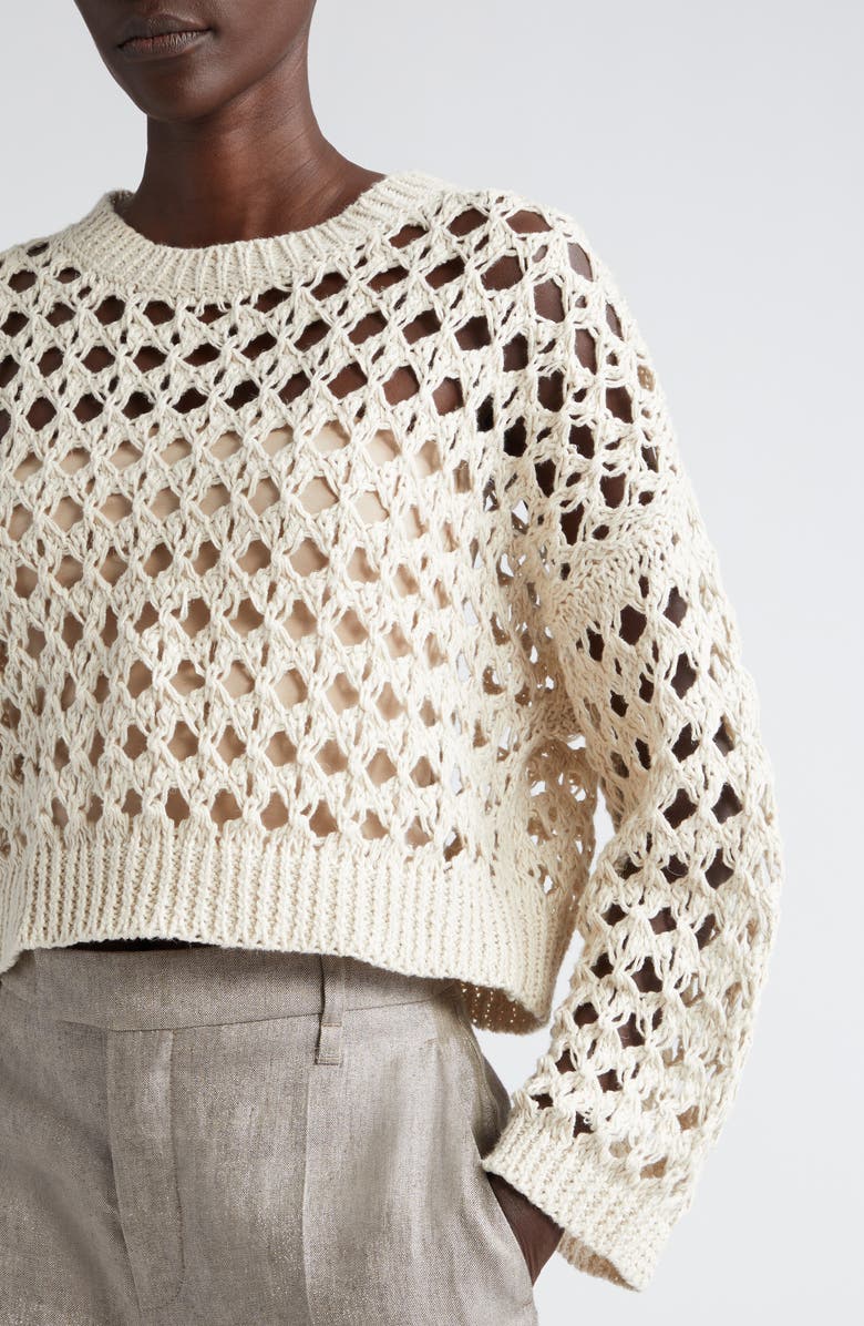 Brunello Cucinelli Openwork Jute Blend Crewneck Sweater, Alternate, color,