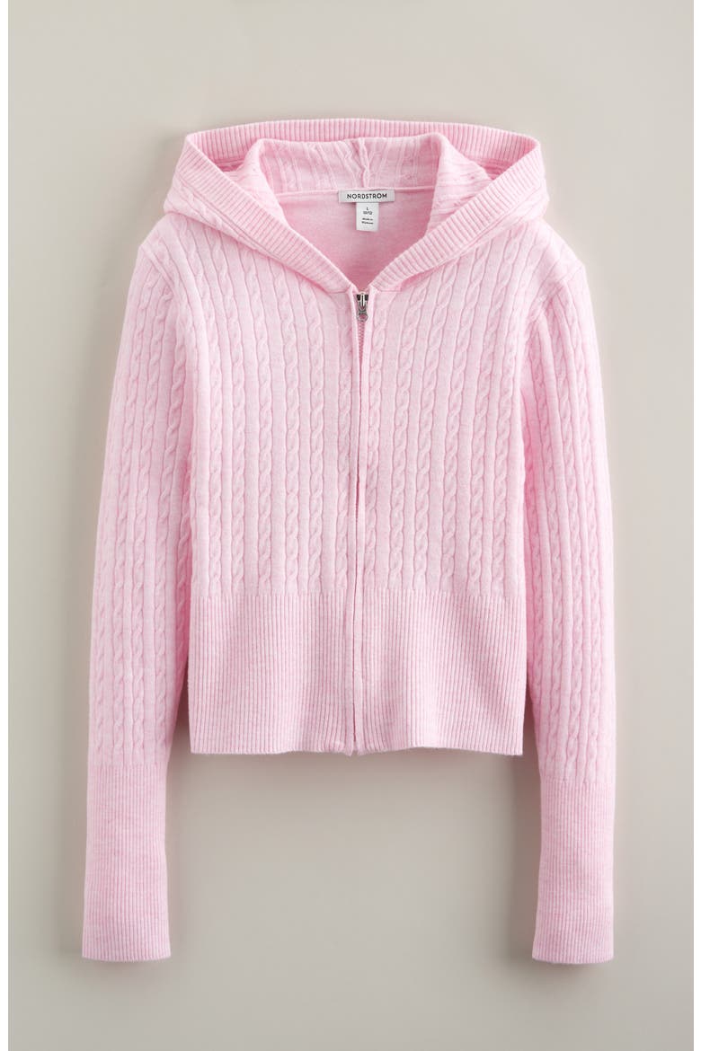 Cable Knit Zip Front Hoodie, Main, color, PINK SHADE