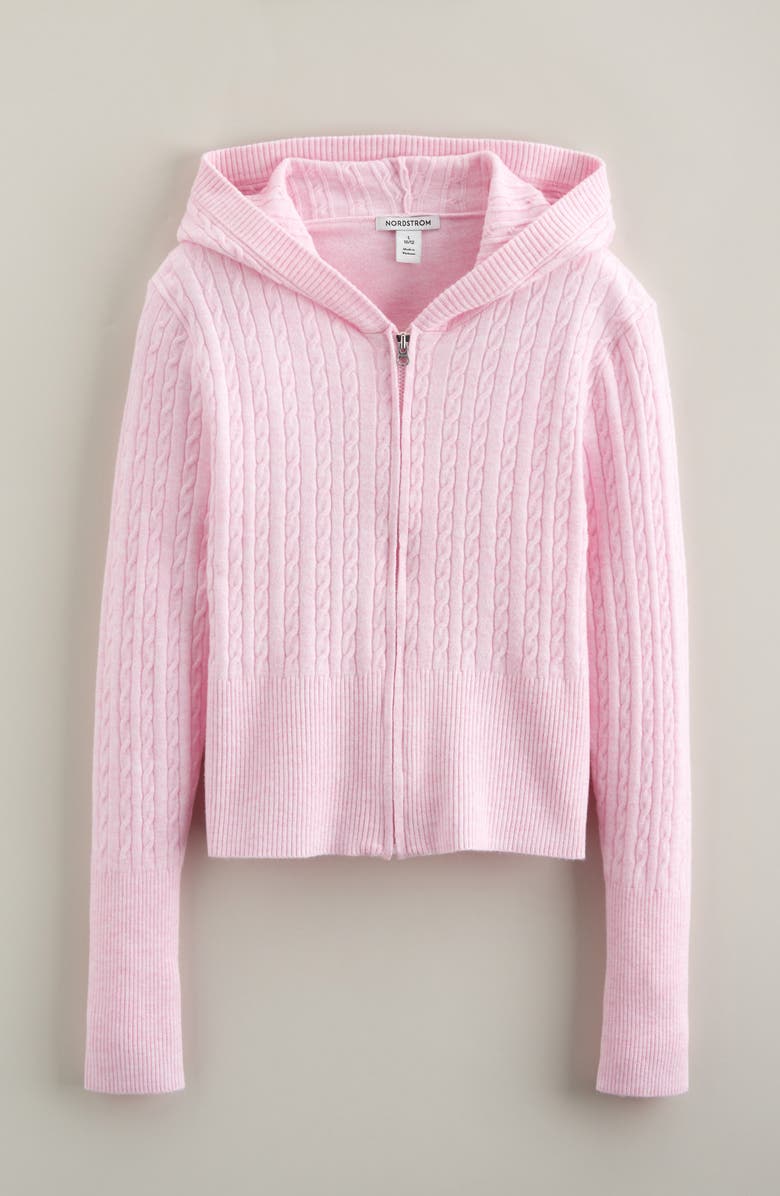 Nordstrom Cable Knit Zip Front Hoodie, Main, color, Pink Shade