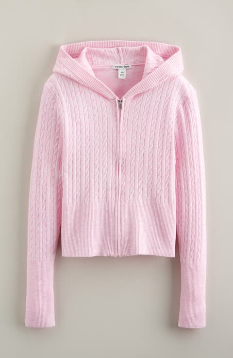 Cable Knit Zip Front Hoodie (Big Kid)
