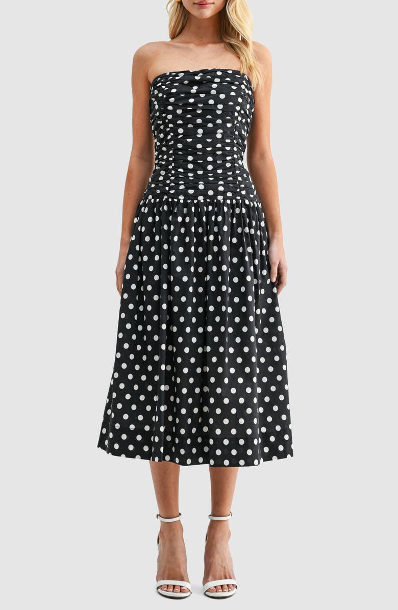 All in Favor Polka Dot Strapless Dress, Main, color, Black Cream Dot