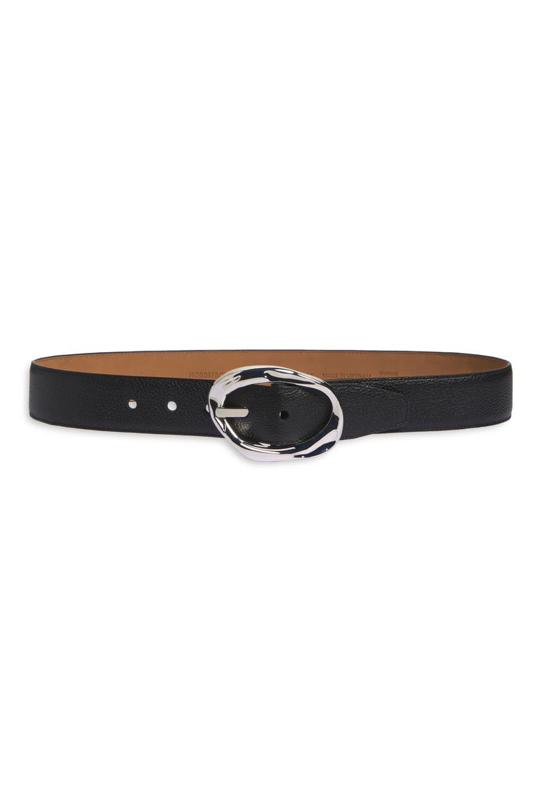 Cora Oval Buckle Leather Belt, Main, color, BLACK- SILVER