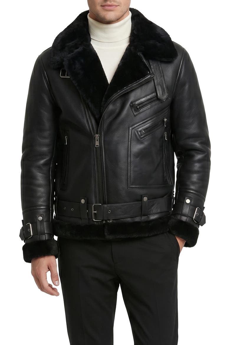 Men's  Genuine Shearling  Moto Zip Jacket, Alternate, color, BLACK