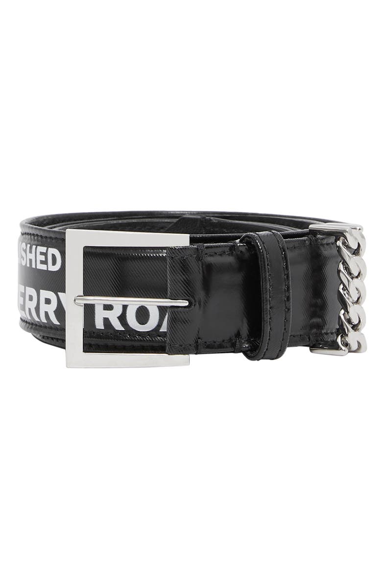 Chain Detail Horseferry Print Coated Canvas Belt, Main, color, BLACK/ PALLADIO