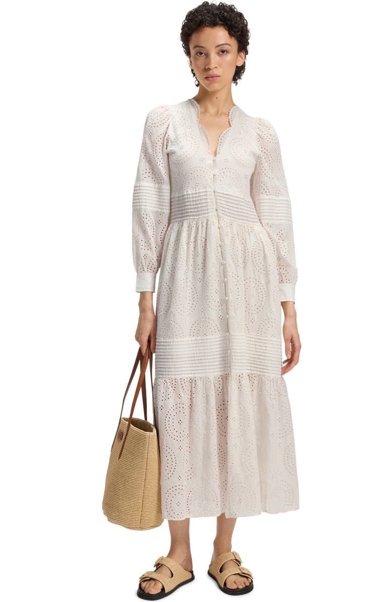 BOSS Orange Dabrody Long Sleeve Eyelet Midi Dress, Alternate, color, Open White