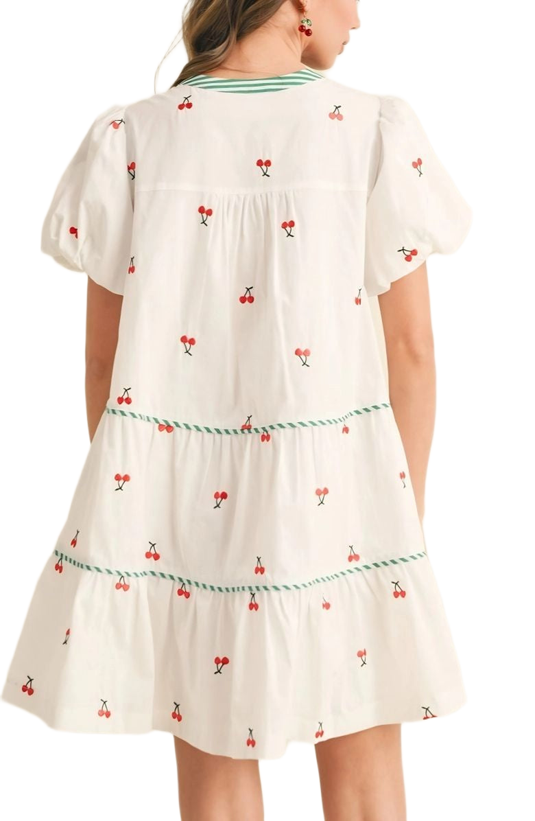 Knit and Lounge Cherry Embroidered Striped Puff Sleeve Tie Neck Tiered Mini Dress, Alternate, color, Cherry Embroidery
