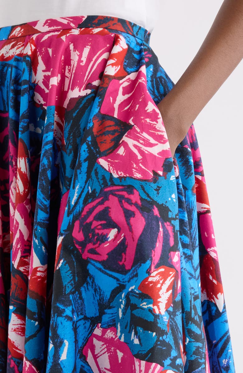 Givenchy Rose Print Circular Cotton Poplin Midi Skirt, Alternate, color, Royal Blue