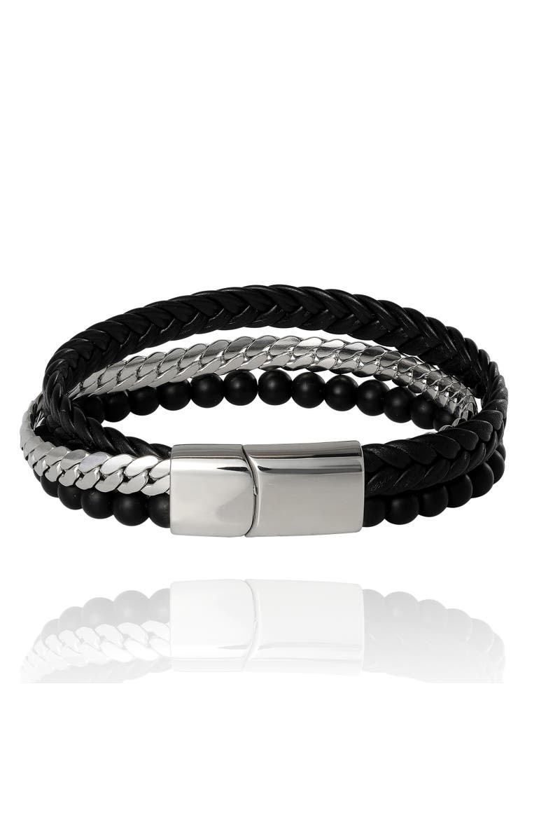 Men's 3-Row Chain & Bead Bracelet, Black, Magnetic Clasp - 8.5'', Alternate, color, Black