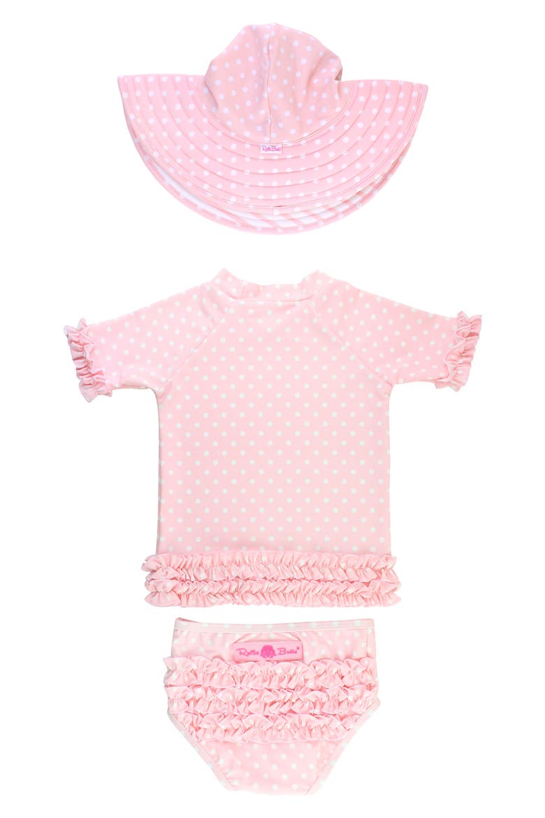 Pink Polka Dot Two-Piece Rashguard Swimsuit & Hat Set, Main, color, PINK