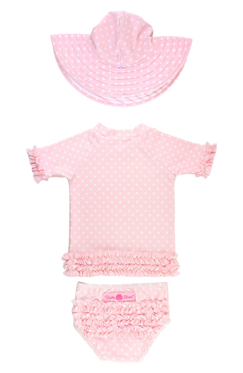 RuffleButts Pink Polka Dot Two-Piece Rashguard Swimsuit & Hat Set, Main, color, 
